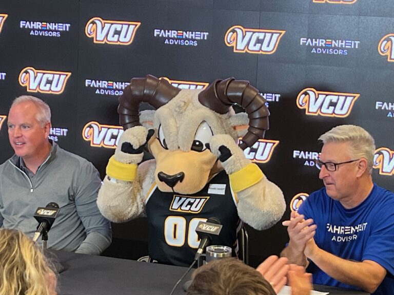 Fahrenheit Advisors signs two-year deal with VCU Athletics and VCU mascot, Rodney the Ram.
